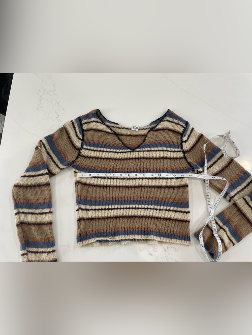 BDG Striped Scoop Crop Sweater in Beige, Blue & Brown